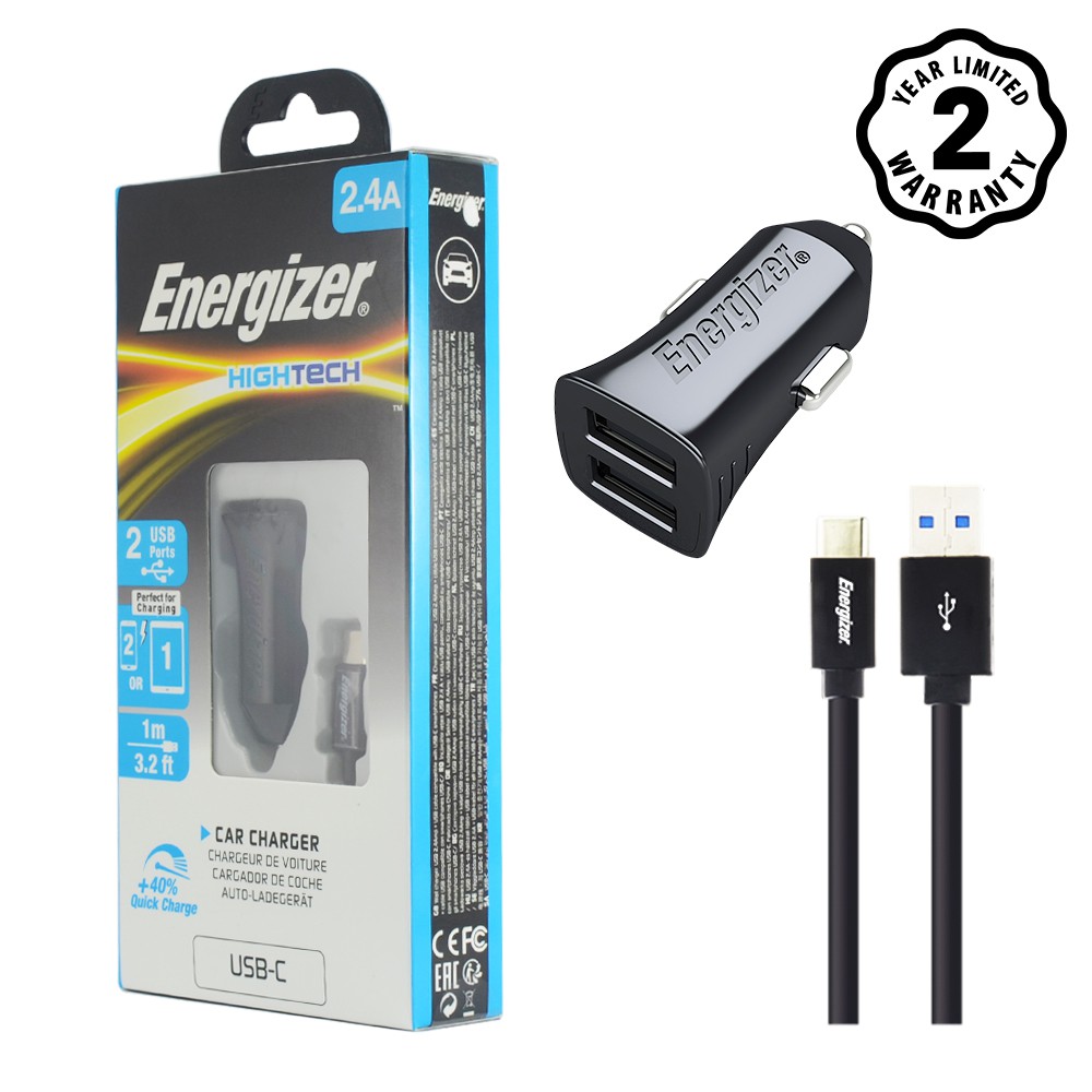 Combo sạc dự phòng Energizer 10,000mAh UE10053 + Sạc ô-tô Energizer 2.4A 2USB màu đen kèm cáp USB-C2.0 - DCA2BHC23