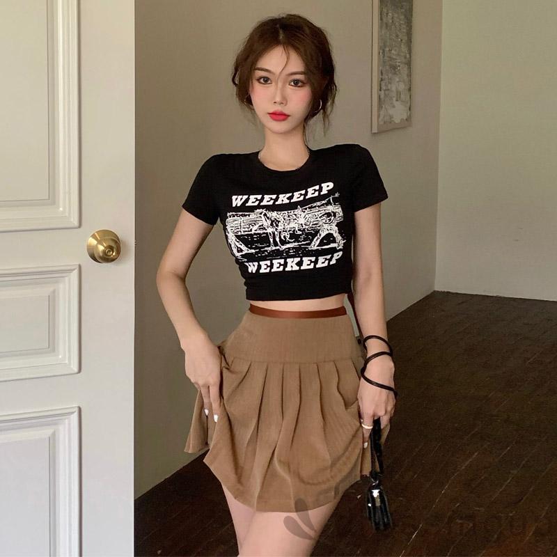 DRESSINGUP-Áo Thun Tay Ngắn Cổ Tròn In Chữ Cá Tính Cho Nữ