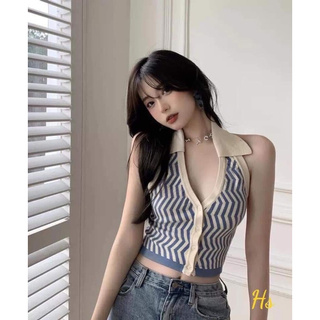 Áo thun croptop 3 lỗ cô bẻ cài cúc sọc vằn Hs