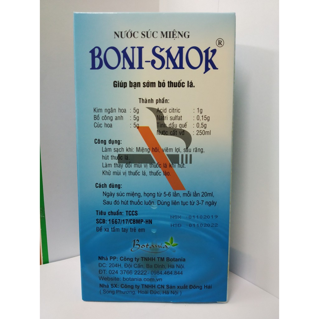 Nước Súc Miệng Cai Thuốc Lá Boni-Smok Chai 250ml - Giúp Thay Đổi Mùi Vị Thuốc, Khử Hôi Miệng