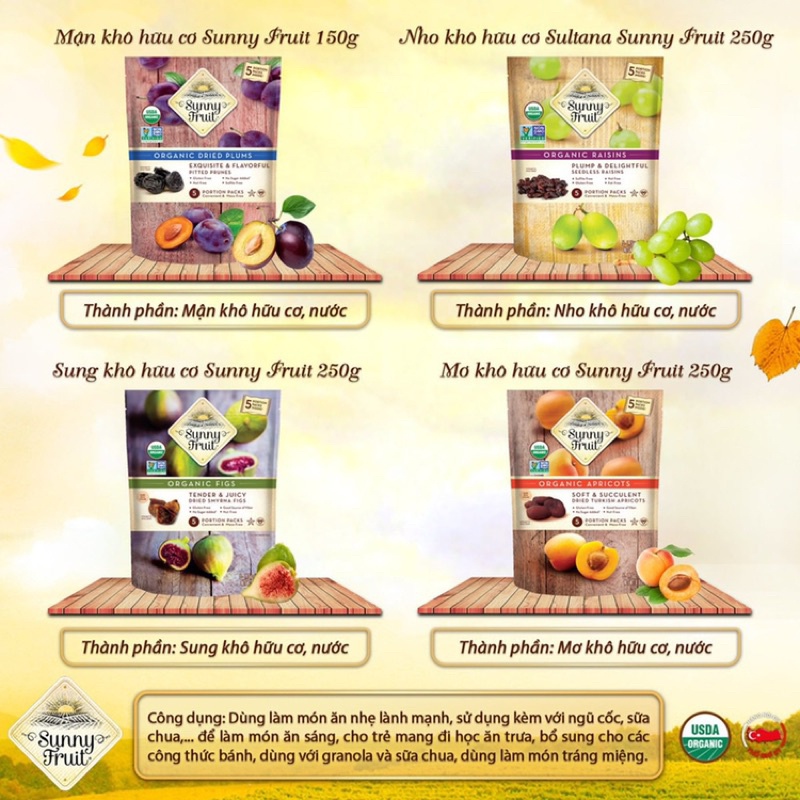 Mận khô hữu cơ, nho khô, sung khô, mơ khô Sunny Fruit