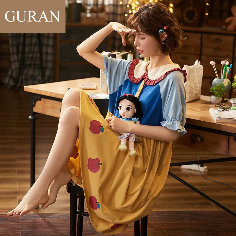 Đầm Ngủ Cotton Tay Ngắn Dáng Rộng In Hình Bạch Tuyết Thời Trang Mùa Hè Xinh Xắn Cho Nữ
