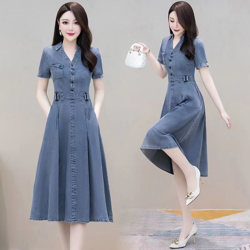 Đầm Denim Dài Tay Ngắn Che Bụng Phong Cách Thời Trang Mới 2022