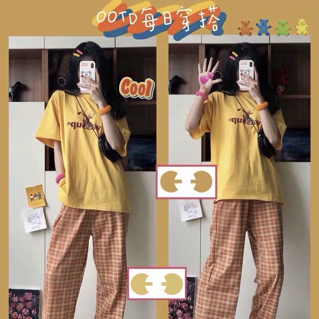 SET ÁO PHÔNG VÀNG WASS UP MIX QUẦN CARO CULLOTES KẺ CAM ULZZANG - Bộ Đồ Nữ Năng Động Hè