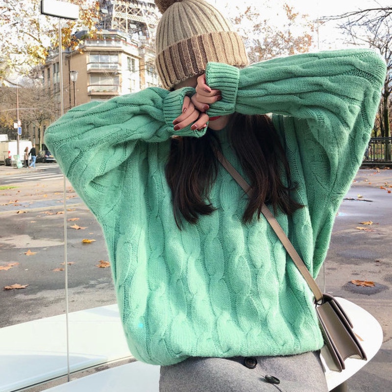 Áo len RENJIANVSHENG tay dài dáng rộng theo phong cách retro hợp thời trang