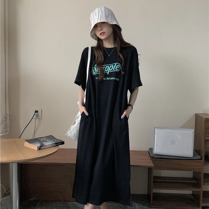 Đầm thun dài dáng rộng IELGY tay ngắn in họa tiết phong cách Hàn Quốc thời trang mùa hè cho nữ