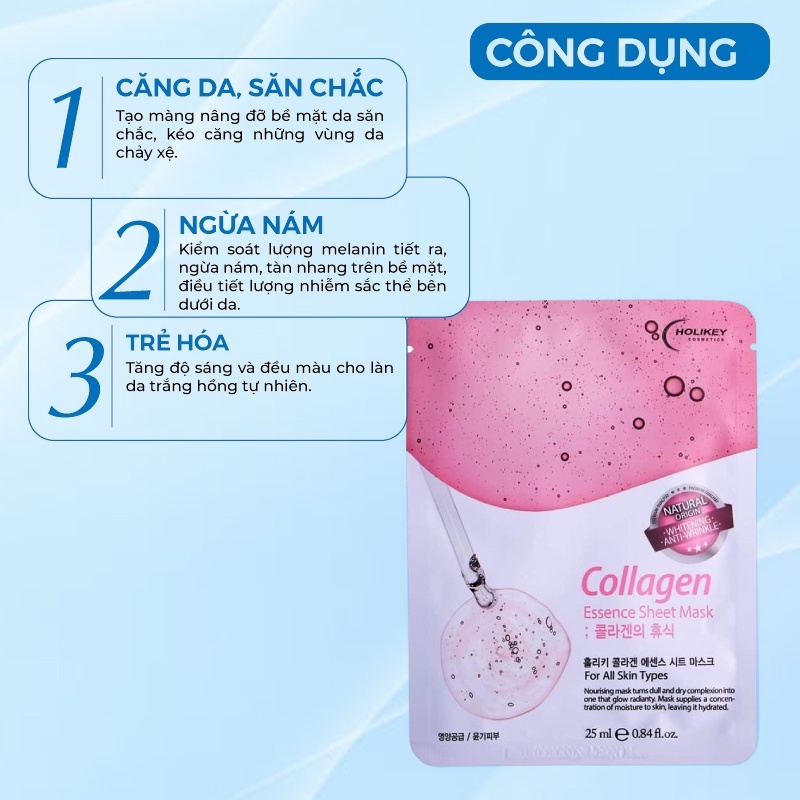 Hộp 10 Túi Mặt nạ giấy - Mặt nạ collagen dưỡng trắng da chiết xuất từ Collagen làm căng & trắng da Holikey Hàn Quốc