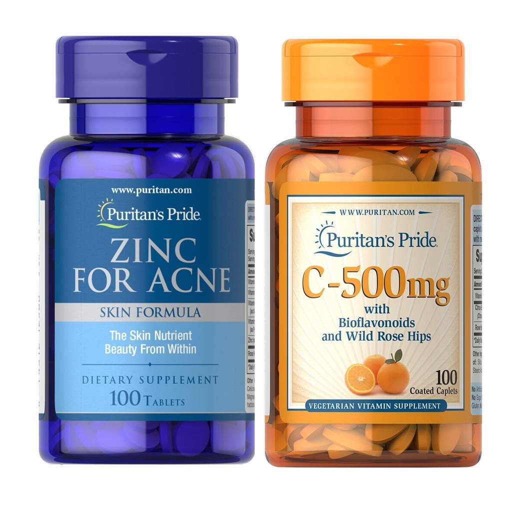 [CHÍNH HÃNG] Combo kẽm ngừa mụn nhanh liền sẹo, mờ vết thâm Puritan's Pride Zinc for Acne & Vitamin C-500mg 100v