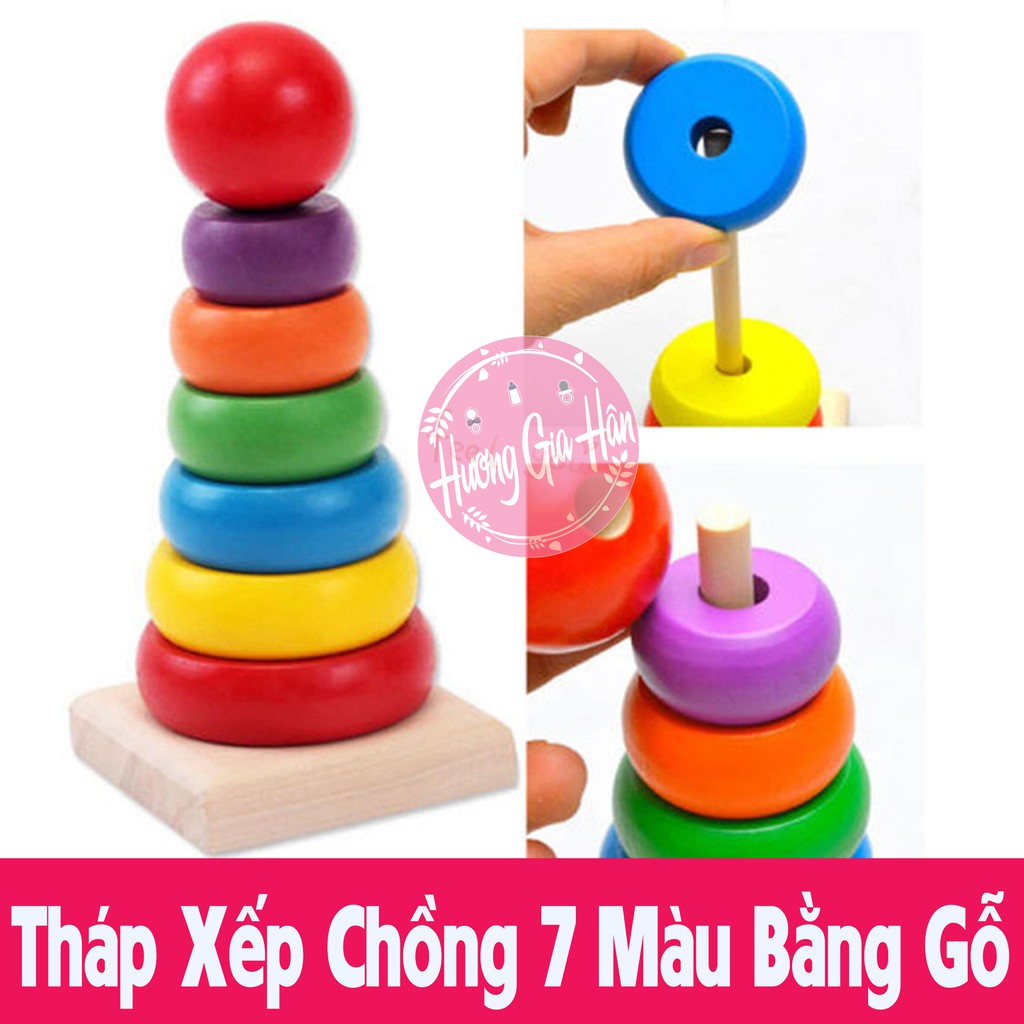 Đồ Chơi Tháp Chồng 7 Màu Bằng Gỗ - Giáo cụ Montessori Giúp Bé Nhận Biết Màu Sắc, Tập Đếm và Sự Khéo Léo