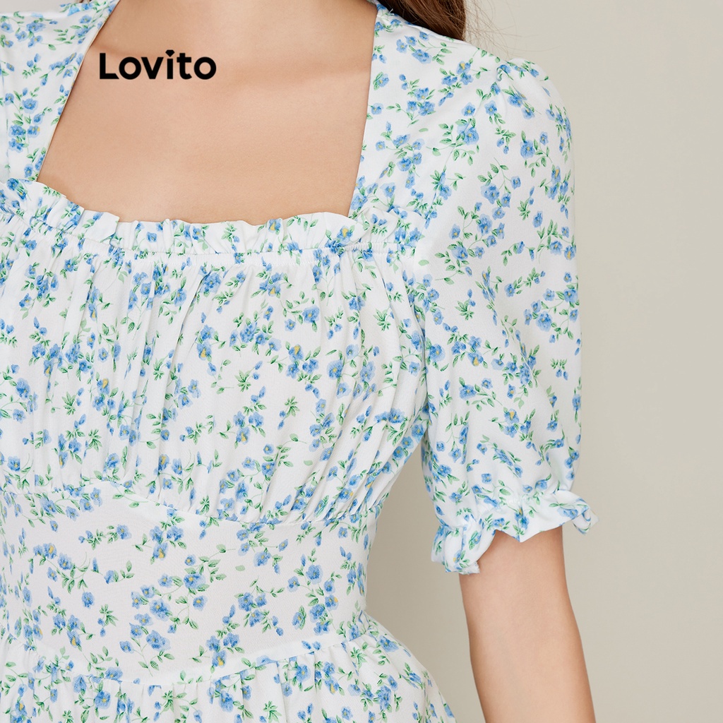 Đầm Lovito Tay Phồng Cổ Vuông Họa Tiết Hoa L27AD064 (Xanh Nhạt)