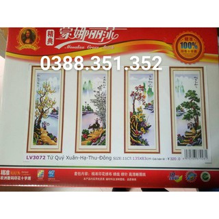 tranh thêu tứ quý xuân hạ thu đông tiểu ngư canh mục kt 135x83cm