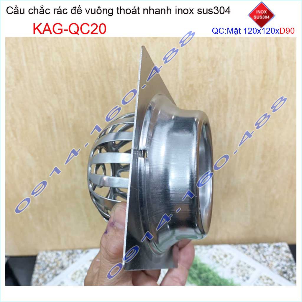 Cầu chắn rác đế vuông 12x12cm D90 KAG-QC20, Phễu thoát nước sân thượng SUS304 ống 9cm thoát nhanh chắn rác tốt