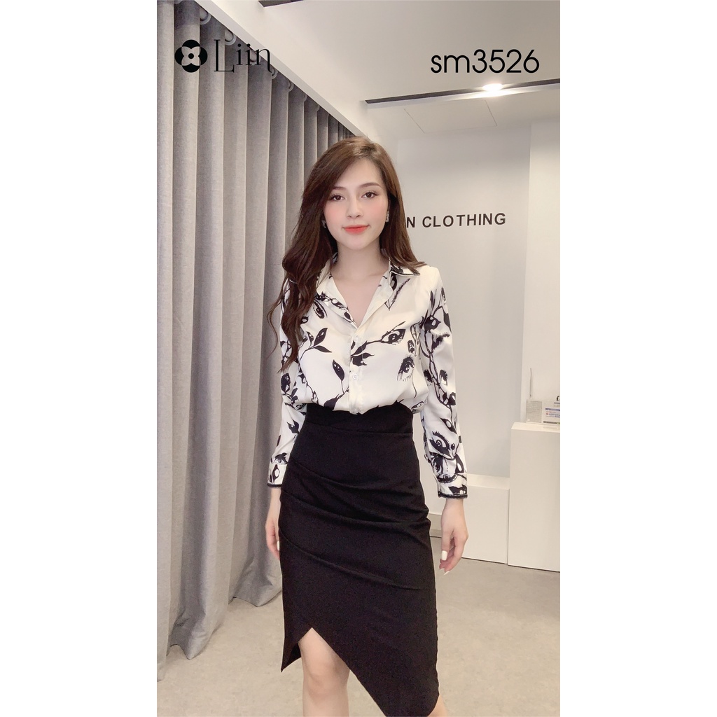 Áo sơ mi nữ cao cấp hoạt tiết hoa lá đen phối màu trắng be thời thượng Liin Clothing SM3526