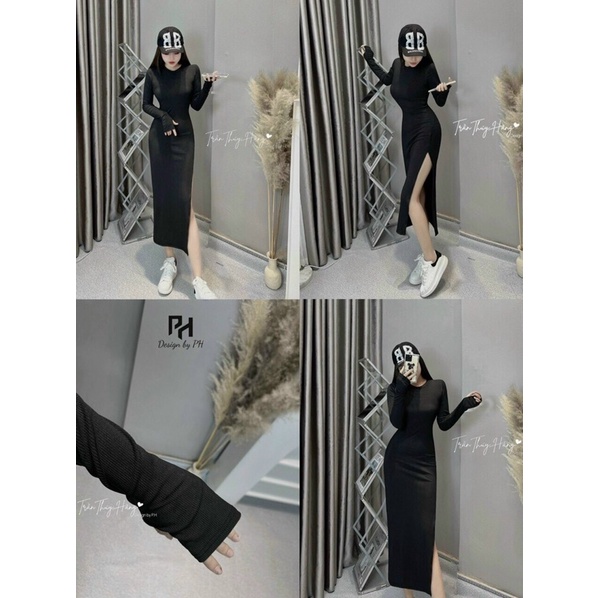 Đầm Ôm Body Tay Dài Xẻ Tà Chất Zip Siêu Tôn Dáng