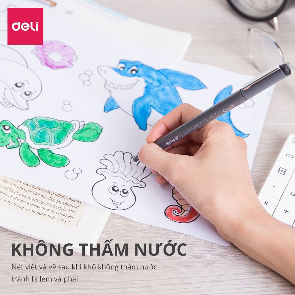 Bút đi nét - Bút vẽ kỹ thuật mực đen - vẽ caligraphy phác thảo mực đen kháng nước Deli S573