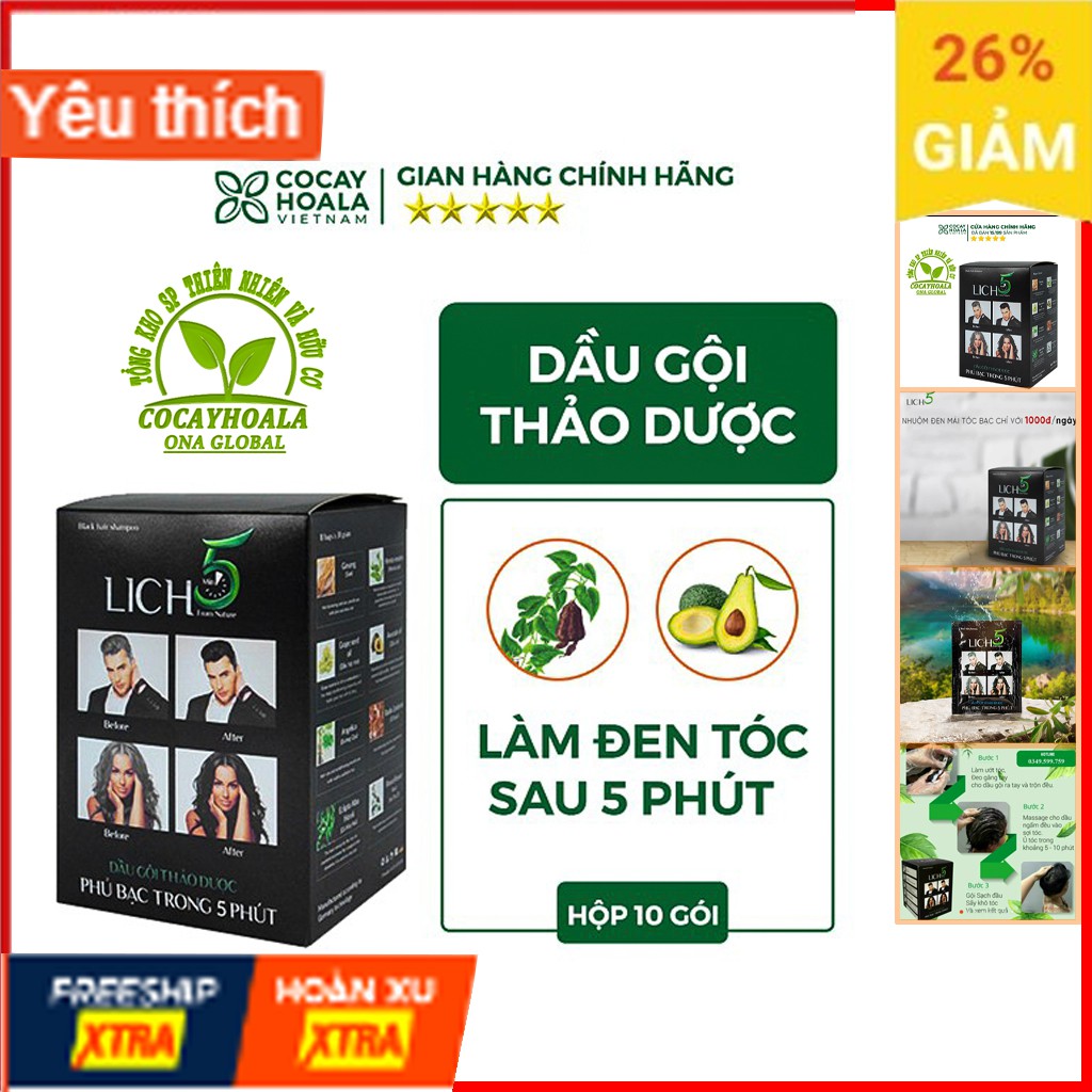 Dầu Gội Phủ Bạc Lich5, Nhuộm Tóc Thảo Dược Đen Tóc Cocayhoala làm đen tóc trong 5 phút - hộp 10 gói