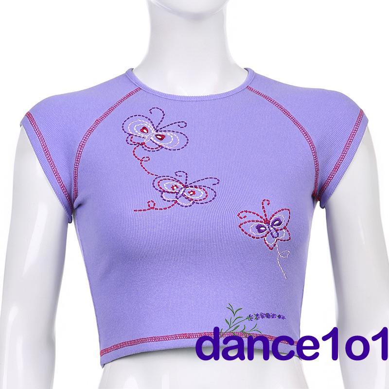 Áo Thun Tay Ngắn Cổ Tròn Thêu Hình Bướm Sáng Tạo Thời Trang Mùa Hè Cho Nữ