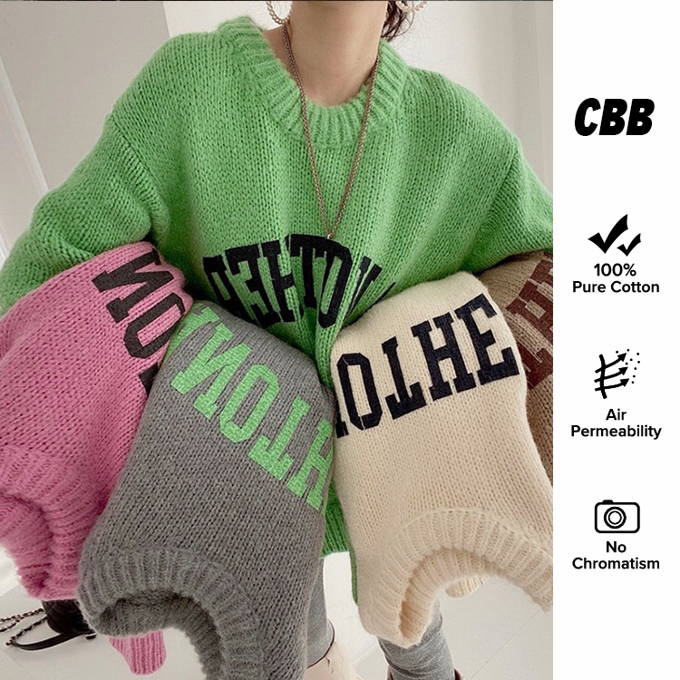 Porozi  Áo sweater nữ cổ tròn dáng rộng in chữ kiểu Hàn Quốc