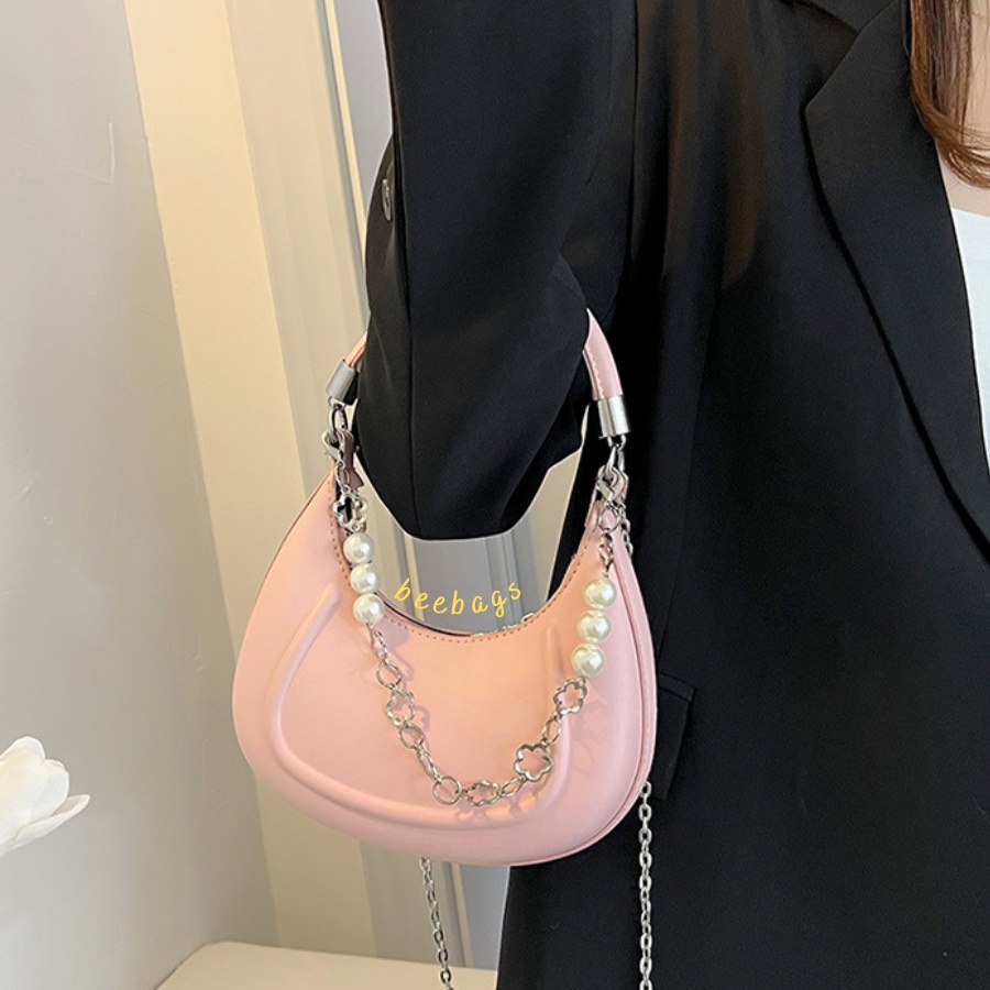 Túi Xách Hình Bán Nguyệt Màu Hồng, Vàng, Trắng, Đen Dễ Phối Đồ | TX32 | Túi Nữ Thời Trang Phối Dây Ngọc Tiểu Thư Cầm Tay