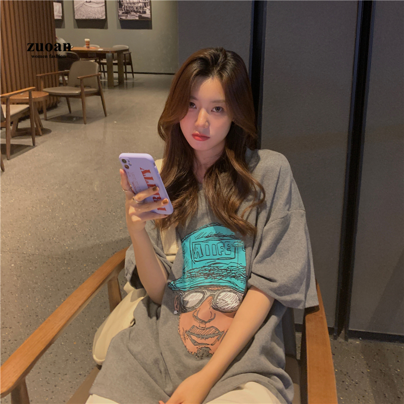 SUXI Áo sơ mi in chân dung cổ điển dài vừa phải tay lửng thời trang