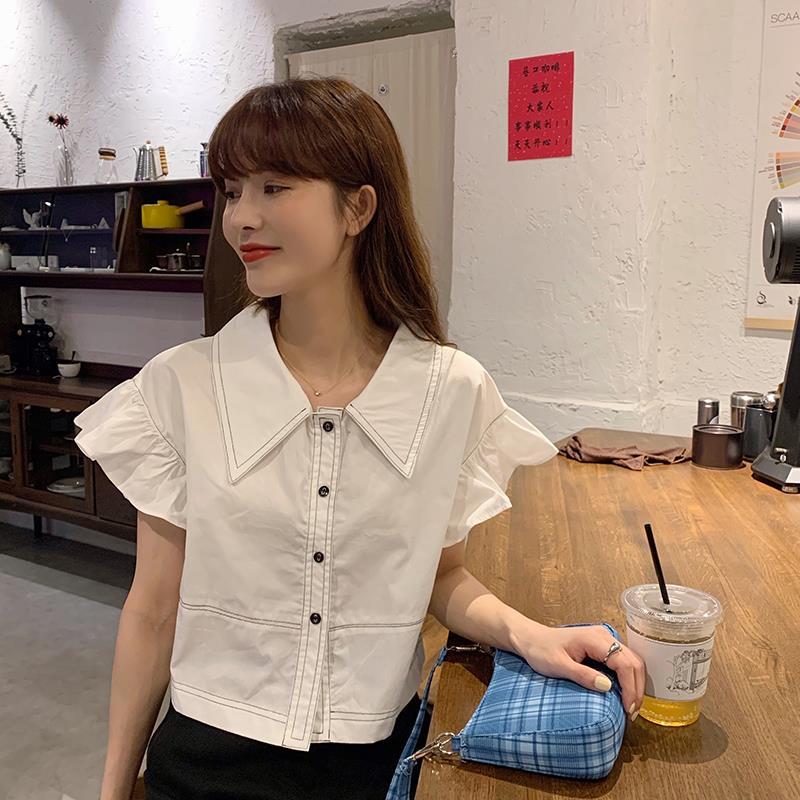 Anna's Summer 2021 new Korean version of the design sense niche lotus leaf side POLO collar short solid color short-sleeved shirt top girl