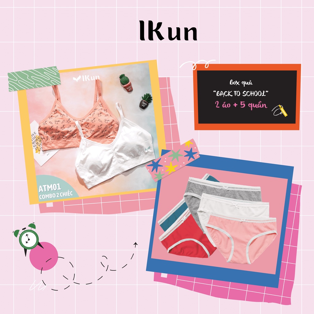 Combo 2 áo ngực cotton chui đầu ATM01 cho bé kèm 5 quần lót cotton kháng khuẩn được chọn màu IKUN