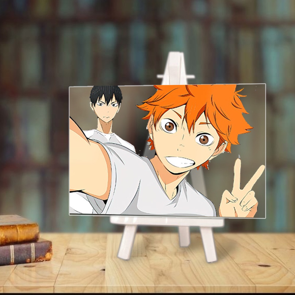 Tranh kính HAIKYUU Vua Bóng Chuyền anime chibi acrylic mica trong trưng bày trang trí góc học tập giá gỗ