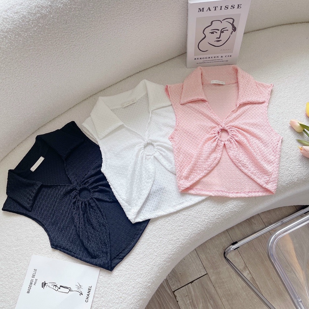 Áo thun nữ dáng croptop ba lỗ sát nách cổ bẻ chất xốp viền màu phối khoen ngực sexy