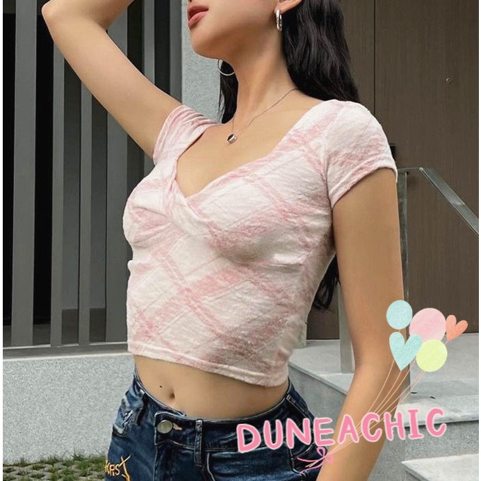 DUNEA Áo Croptop Tay Ngắn Cổ Chữ V Thắt Nút Họa Tiết Sọc Caro Phong Cách Quyến Rũ