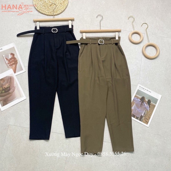 Quần tây nữ cạp lưng cao liền 2 nút cài đi học có đỉa ống đứng dáng quần baggy vải cạp liền cao công sở đi học co giãn