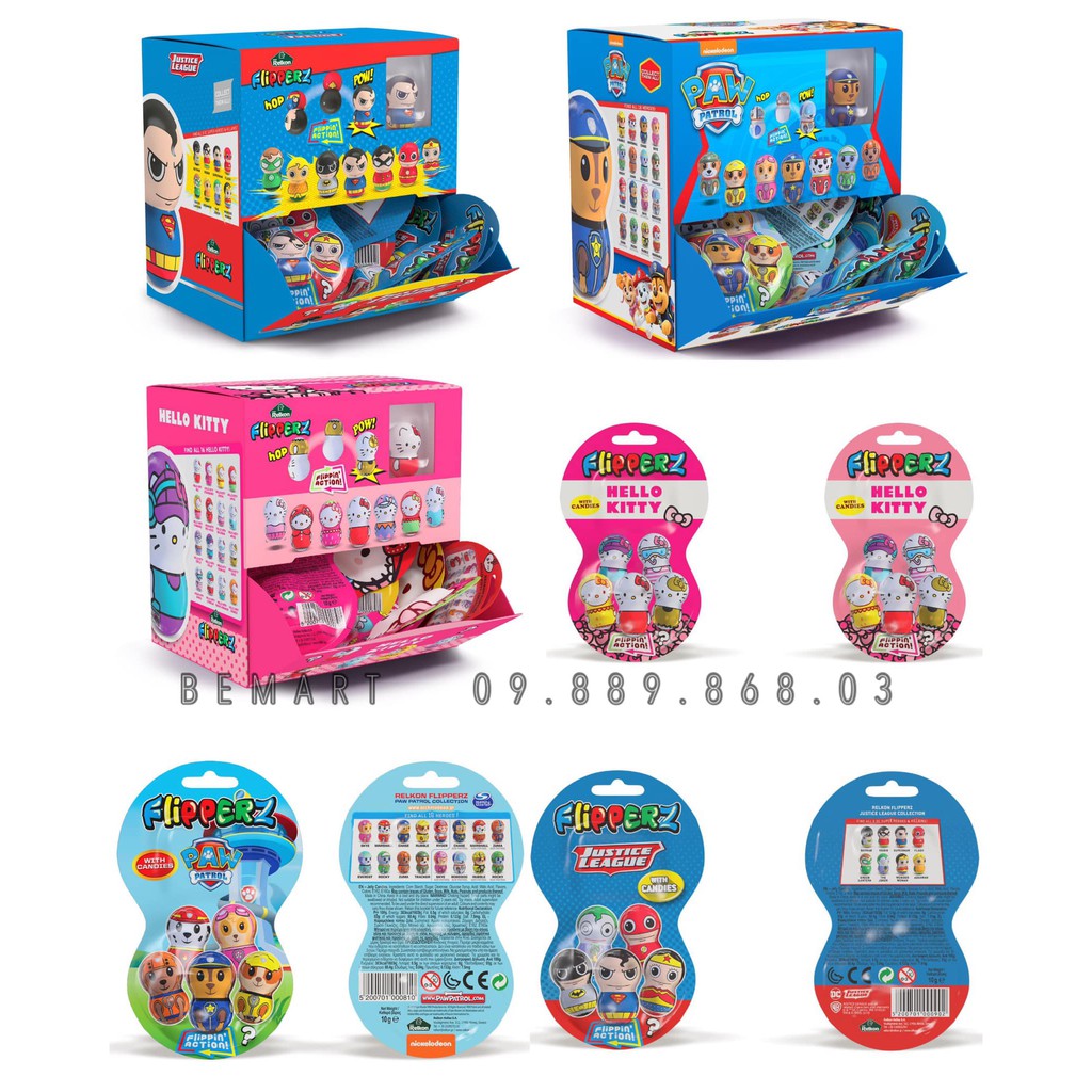 BÚP BÊ LẬT ĐẬT FLIPPERZ Hình Siêu Nhân / Hello Kitty / Chó cứu hộ + CÓ KÈM KẸO BÊN TRONG