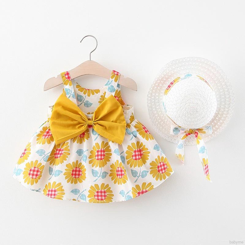 ♕ babyme ღ Baby Girls Floral Dress Suspenders Sweet Bow Dresses + Hat Set