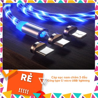Cáp sạc nam châm 3 đầu tròn cổng type C/ micro USB/ lightning có đèn led cho iPhone OPPO Huawei hỗ trợ sạc nhanh
