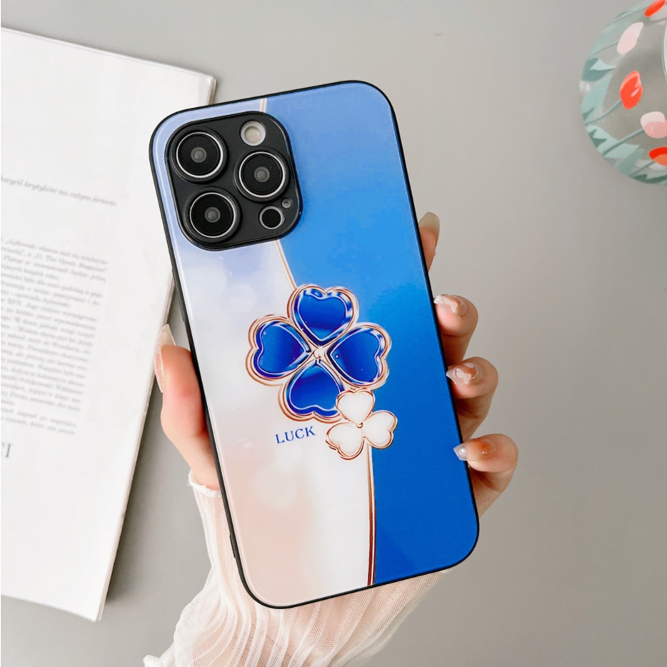 Ốp Điện Thoại Mặt Kính Hình Cỏ Ba Lá Cho Iphone 13 12 11 Pro Max X Xr 7Plus