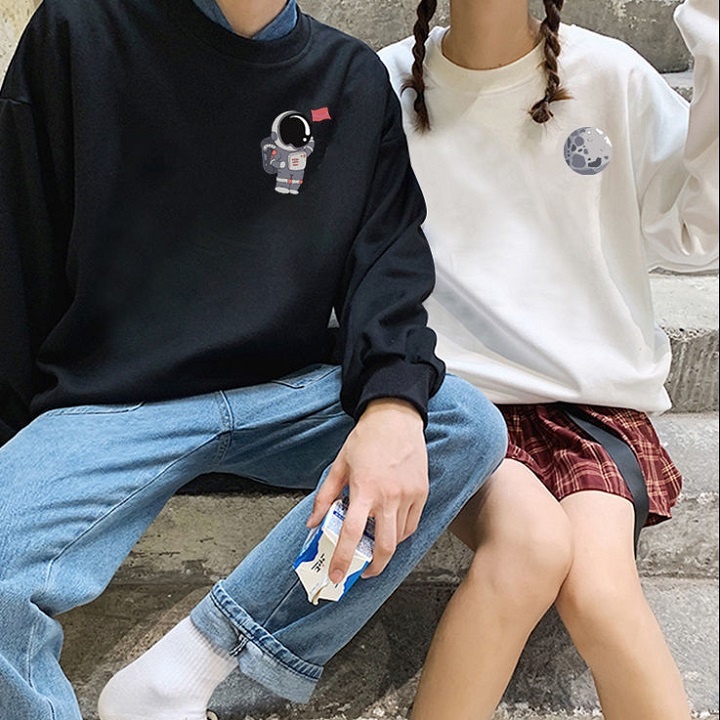 Áo thun ZHELIHANGFEI nỉ tay dài dáng rộng in chữ trẻ trung hợp thời trang cho cặp đô