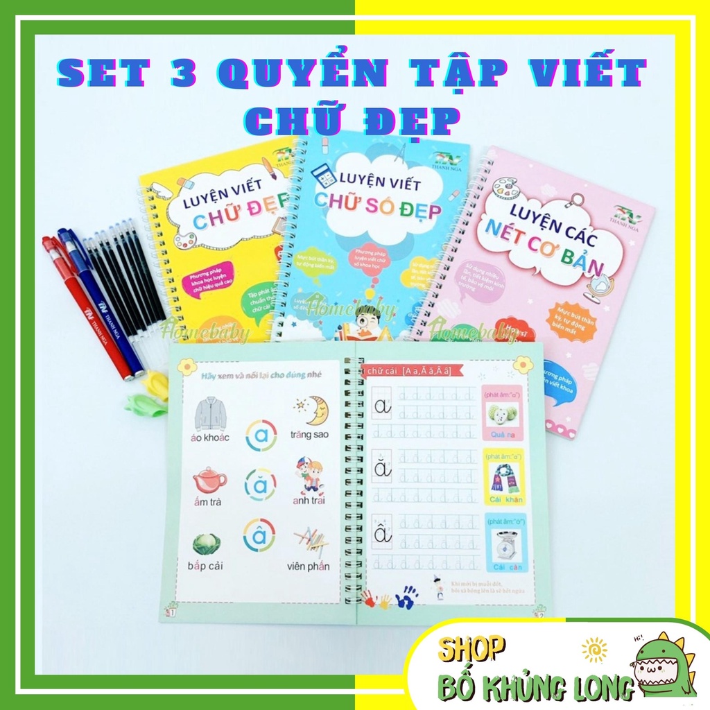 Set 3 Quyển Vở Tập Tô Luyện Viết Số Chữ Nét Đẹp Tự Xóa Cho Bé Hàng Chuẩn Loại 1 - BỐ KHỦNG LONG