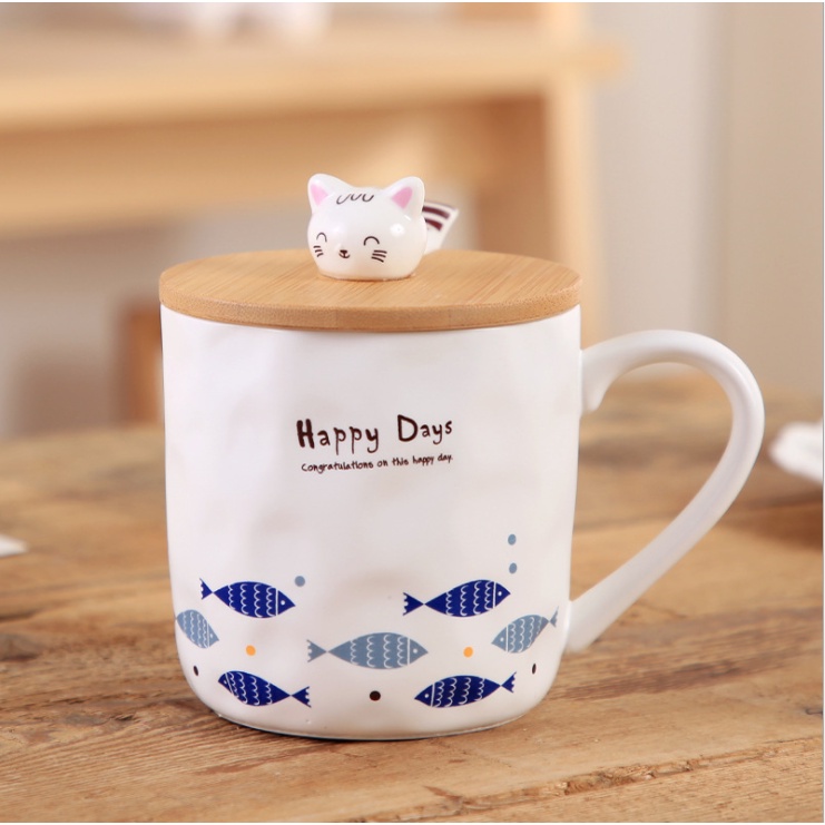 Cốc sứ Happy Days có nắp và thìa 400ml, họa tiết hình cá dễ thương, phù hợp làm quà tặng, decor nhà cửa - SunStoreVN