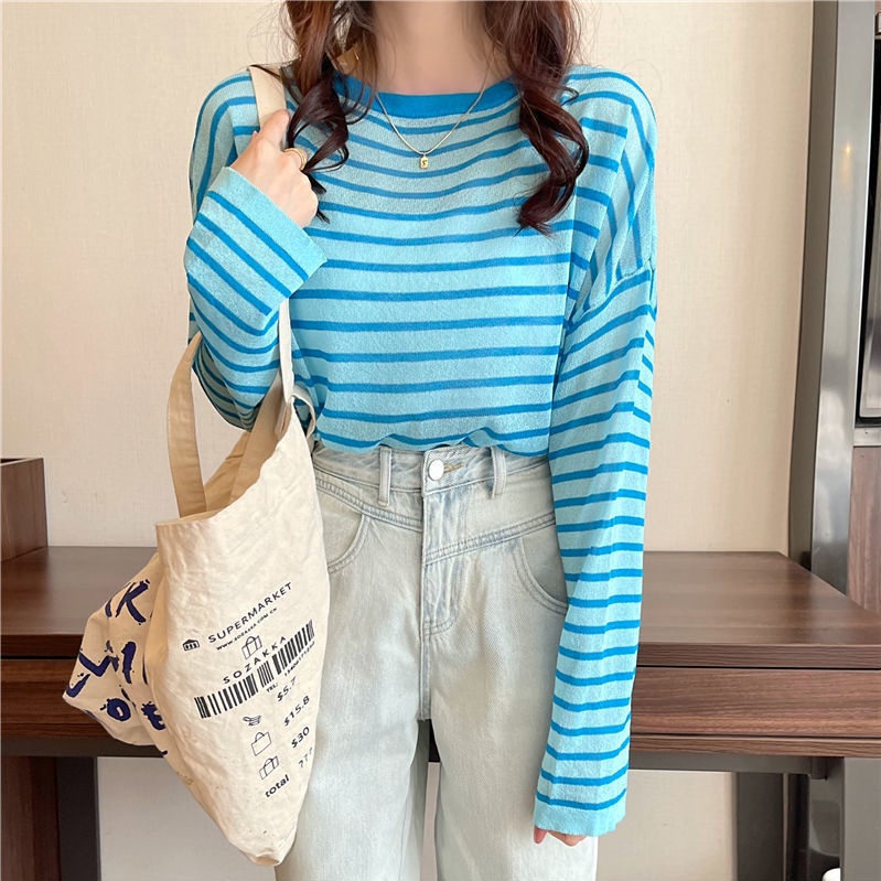 Áo Thun Tay Dài Cổ Tròn Dáng Rộng Thoải Mái Họa Tiết Kẻ Sọc áo phông nữ JL-TX-31