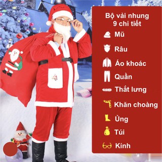 Bộ quần áo ông già Noel hay bộ trang phục noel người lớn vải nhung 9 chi tiết