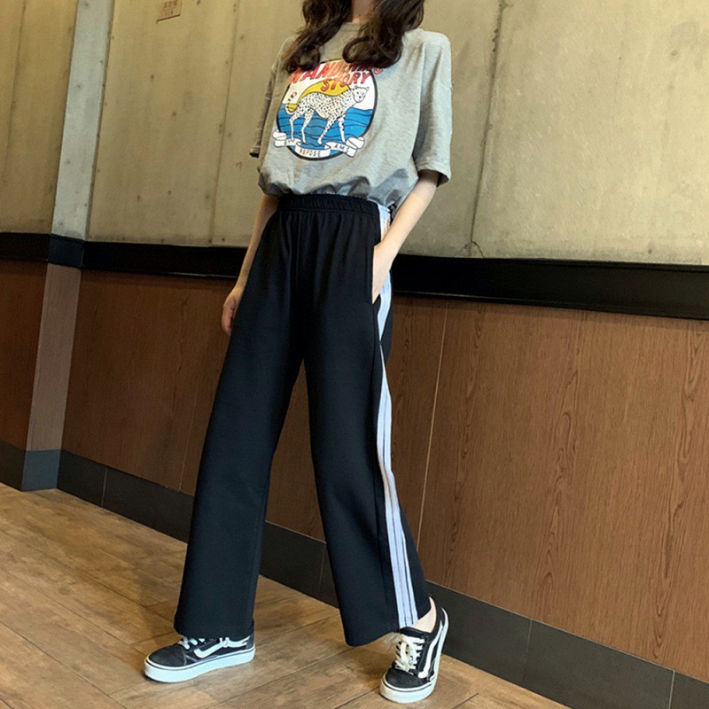 Korean Striped Wide Leg Pants Loose High Waist Women Straight Sport Pants For Women