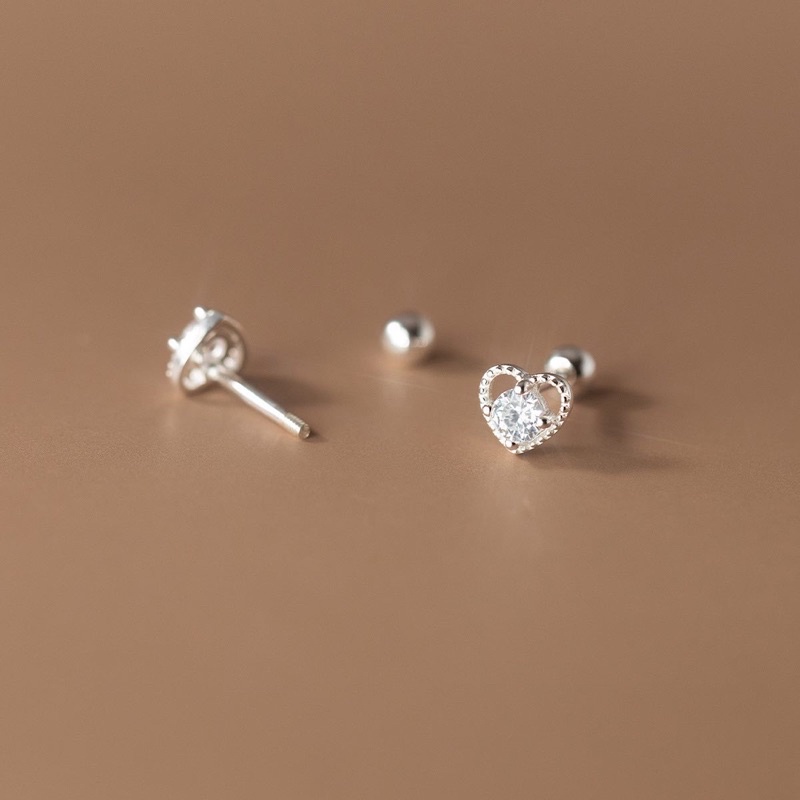 Bông tai bạc trái tim đính đá pha lê nhân tạo, bông tai trái tim chui bi đính đá bạc 925