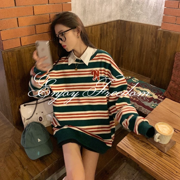 Enjoy Freedom Áo Sweater Cổ Tròn Họa Tiết Kẻ Sọc Thời Trang Thu Đông Mới 2022 Cho Nữ