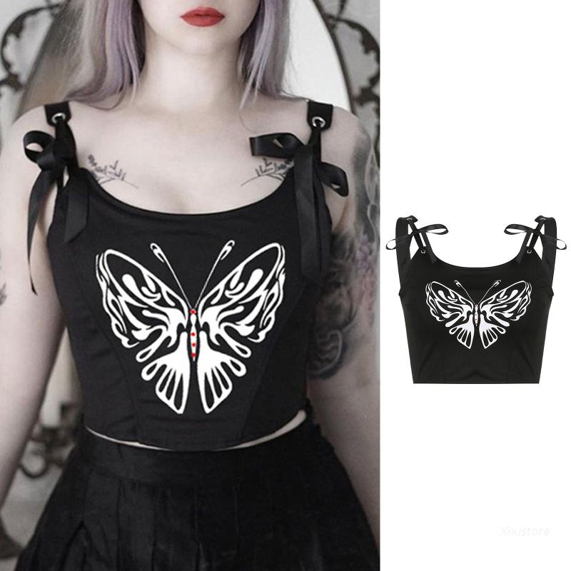 XIXI Áo Croptop Cổ Chữ U Hở Lưng In Họa Tiết Bướm Phong Cách Gothic Quyến Rũ Dành Cho Nữ