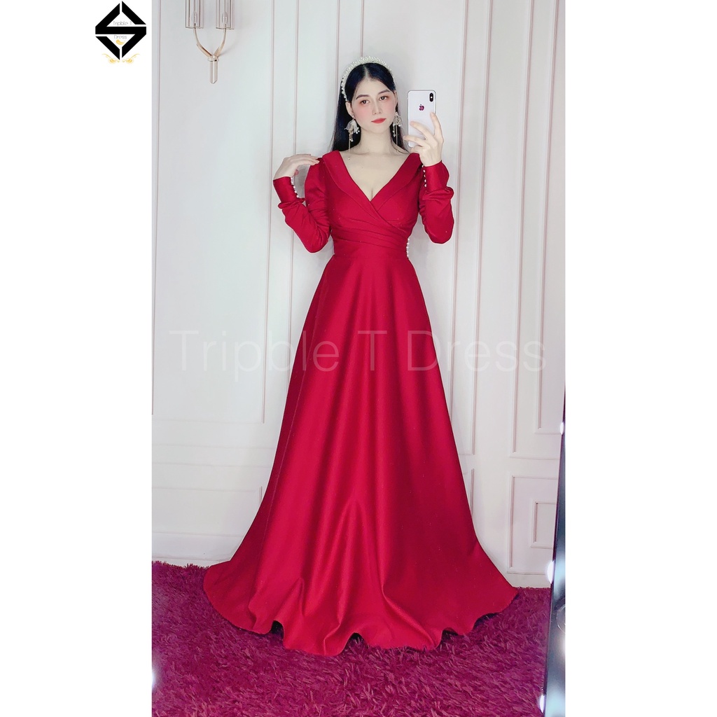 Đầm maxi mặc cưới tay dài hở lưng dây cườm TRIPBLE T DRESS -size S/M/L - MS160Y