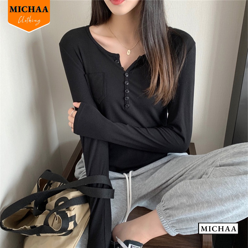 Áo Thun Tay Dài VẠT BẦU CÀI NÚT Nữ Có Túi, Áo Thun Basic Chất Thun Gân Dáng Dài Thời Trang - MICHAA ADD07