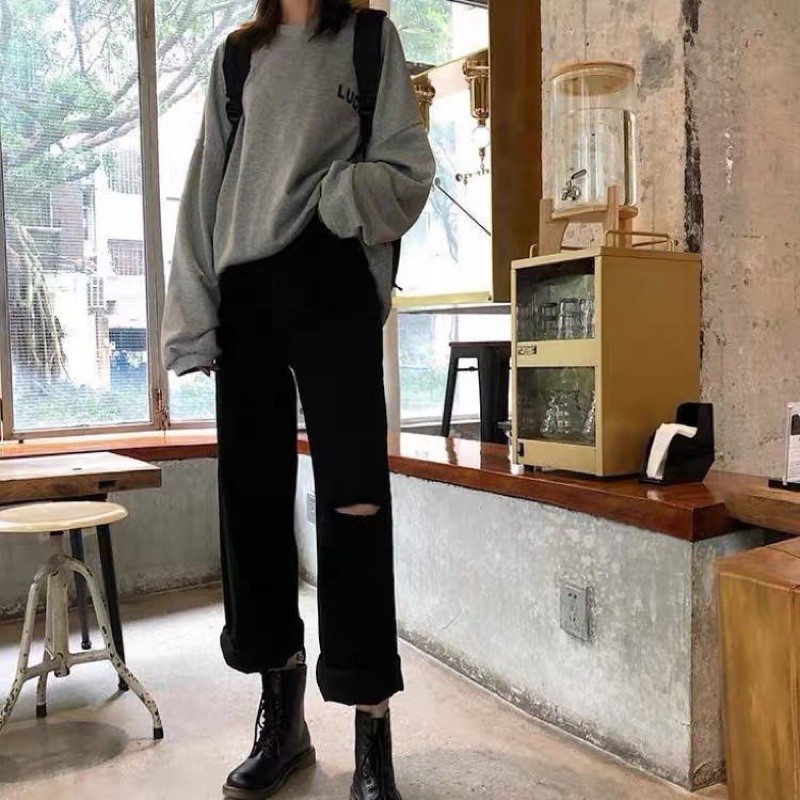 Quần jean đen ống suông rộng lưng cao quảng châu ulzzang kèm ảnh thật