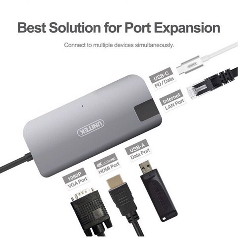 Unitek Y-DK 09016 GY - Bộ Chia USB Type-C Ra HDMI / VGA / LAN Cao Cấp