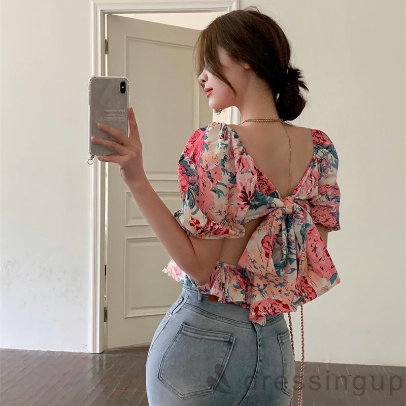 Áo kiểu tay phồng cổ vuông hở lưng in họa tiết hoa thời trang dành cho nữ