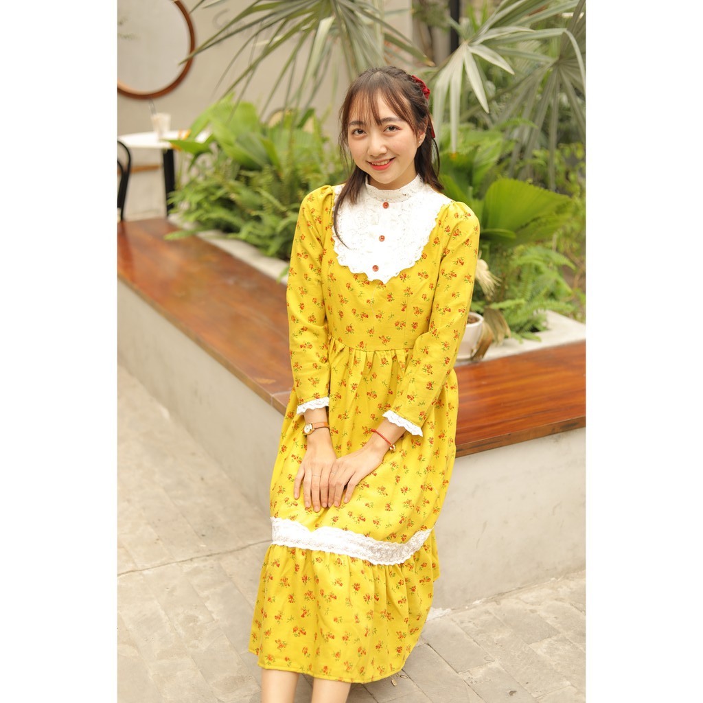 Váy nhung tăm hoa phối ren tiểu thư siêu yêu