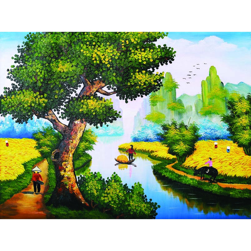 Tranh Dán tường 3D Phong Cảnh Làng Quê Việt Nam yên bình mẫu mới nhất, được ưa chuộng hiện nay